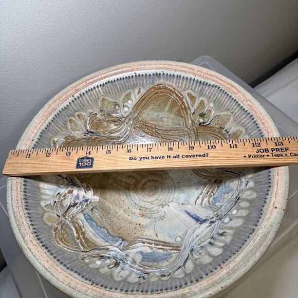 Julie Perry Signed Pottery Large Clay Bowl Tan Blue Glaze Celebrate the Wonder - Picture 10 of 12